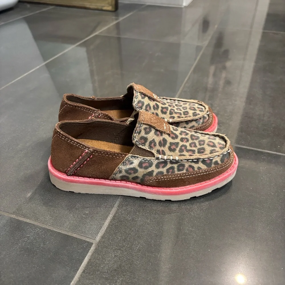 Ariat Kids Leopard Print Slip-On Shoes with Brown and Pink Accents